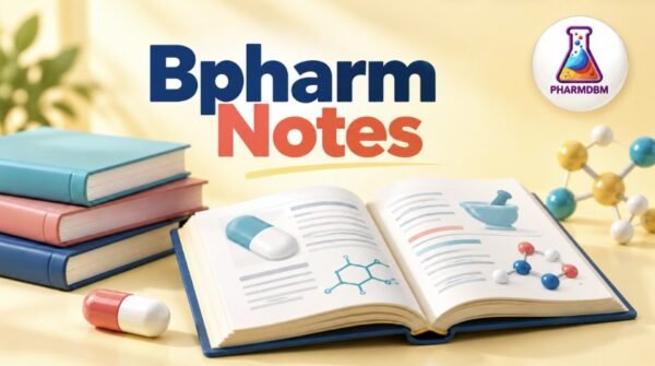 Bpharm Notes by Pharmdbm, with pharmacy study books and scientific illustrations