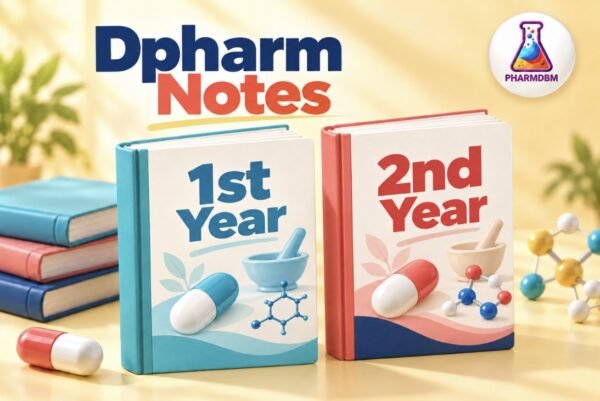 Dpharm Notes featuring first year and second year study notebooks with the Pharmdbm logo