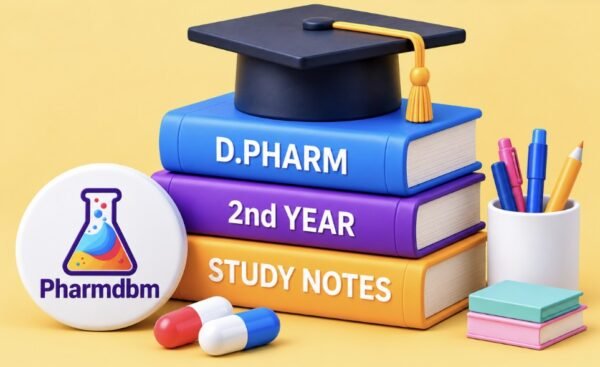 3D illustration of D.Pharm study books, pharmacy lab equipment and study materials
